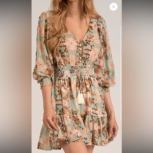 Elan 3/4 Sleeve V-Neck Mini Dress - White/Blue Orchid